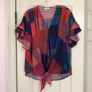 Umgee Multicolor Patchwork‎ Wrap Ruffle Sleeve Blouse Boho Small